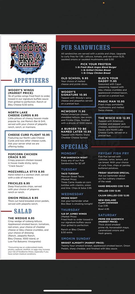 Menu At Woody S Bar Grill Hartland