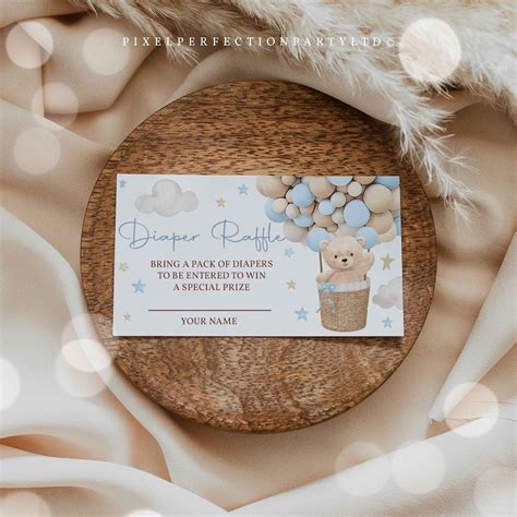 Editable Teddy Bear Hot Air Balloon Baby Shower Diaper Raffle Boy Blue