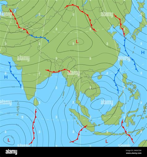 Forecast Weather Isobar Map Of Asia With Wind Fronts And Temperature