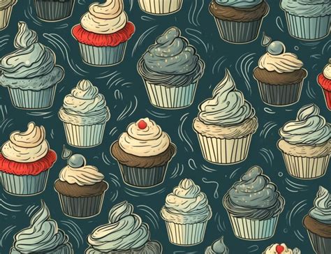 Seamless Pattern Of Cupcakes With Blue Frosting And A Cherry On Top