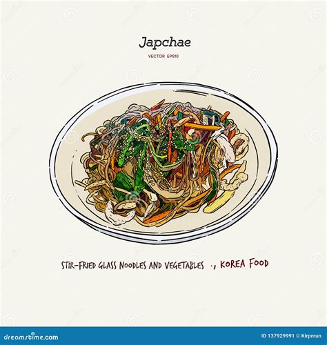 Japchae Korea Or Korean Cuisine Traditional Food Isolated Doodle Hand ...