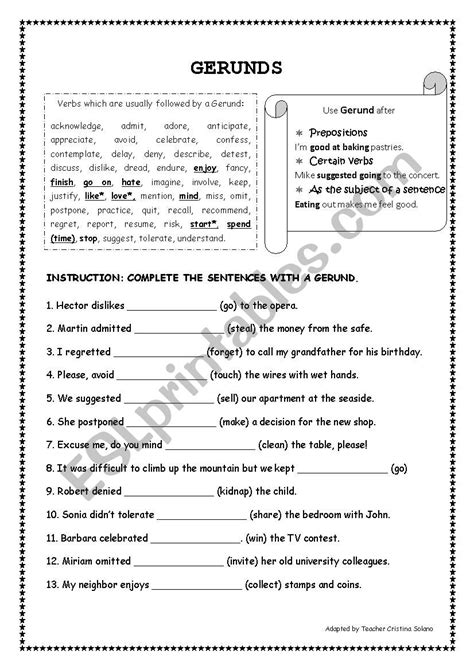 Gerund Worksheets For Esl Students