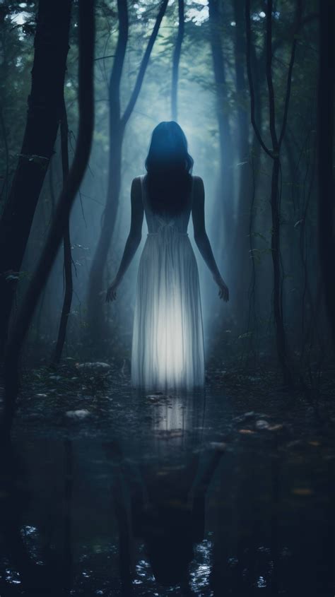 A young girl in a white dress stands alone in a dark forest, her face obscured by long black ...