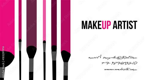 Makeup artist template business card. Pink striped background with fashion silhouette of black ...