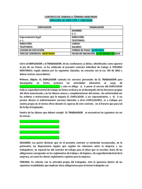 Contrato De Trabajo A Término Indefinido Modelo Derecho Laboral