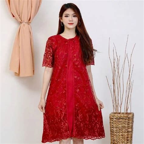 Jual Gaun Natal Dress Merah Dress Brokat Pakaian Baju Acara Pesta