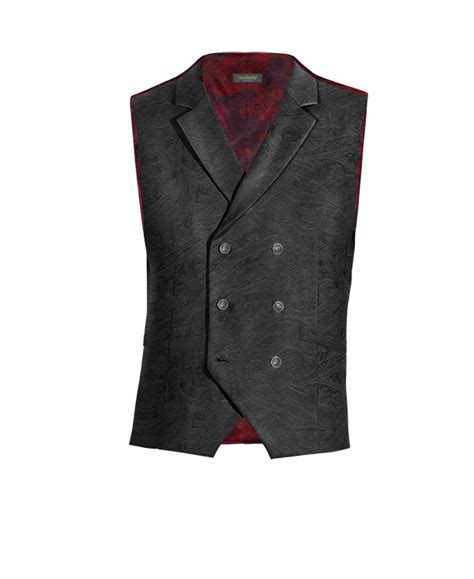 Gilet Doppio Petto Di Velluto Nero Paisley Con Risvolto Con Bottoni