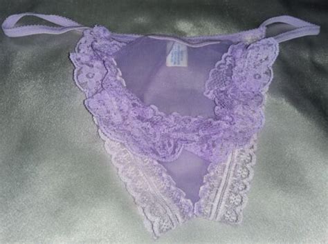 Vintage Low Rise String Bikini Panties W Lace Sheer Silky Nylon Purple