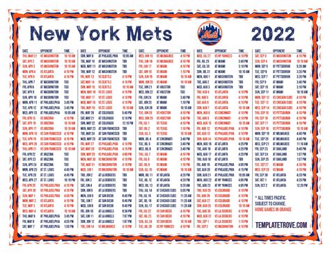 Printable 2022 New York Mets Schedule