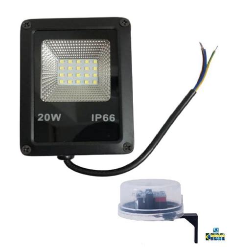 Kit Refletor LED 20w Holofote SMD IP67 e Sensor Fotocélula Dia e Noite