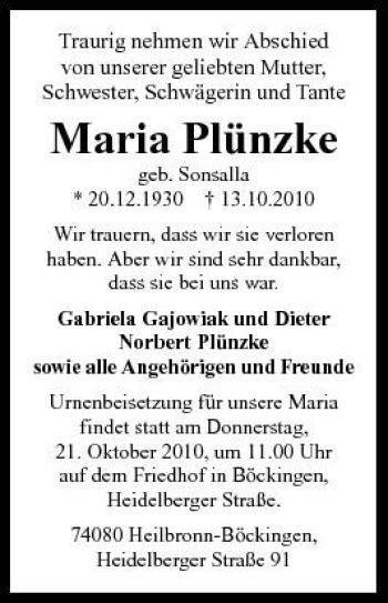 Traueranzeigen Von Maria Plünzke Trauerundgedenkende