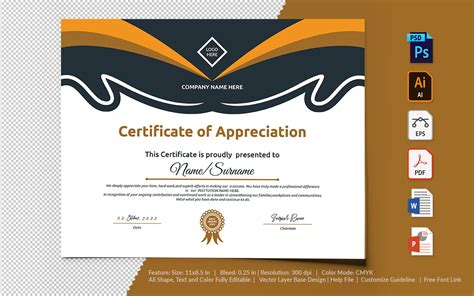 Printable of Appreciation Certificate Template