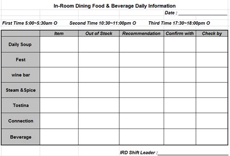 IRD Form - In Room Dining