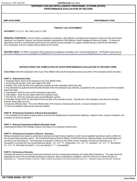 Dd Form 2906d Defense Civilian Intelligence Personnel System Dcips Performance Appraisal