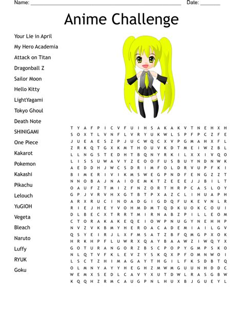 Famous Anime And Manga Characters Word Search Wordmint