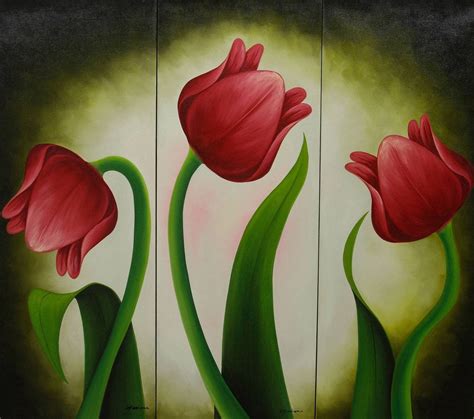 Novica 3 Piece Red Floral Tulip Triptych Wall Decor Painting Red