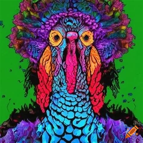 Graphic Novel Illustration Of A Zombie Turkey In A Psychedelic World On