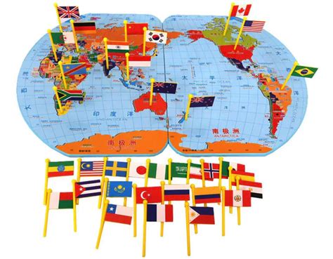 Wooden World Map with Flags