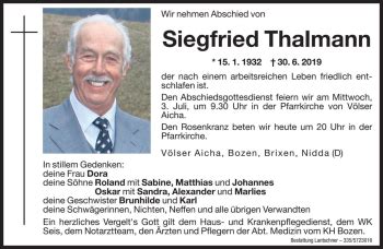 Traueranzeigen Von Siegfried Thalmann Trauer Bz