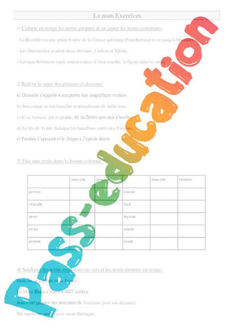 Fiche d'exercices sur les noms pour les élèves de 3e année - Observer