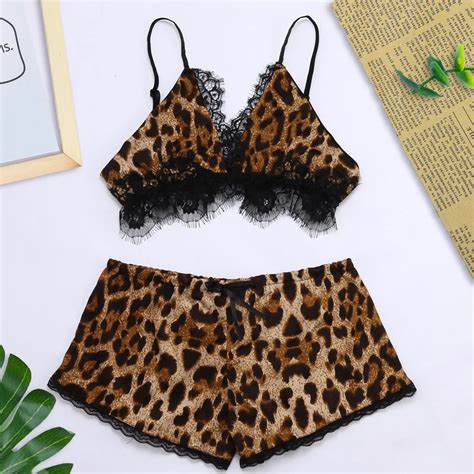 Women Sexy Lingerie Set Plus Size X Bow Lace Trim Leopard Underwear