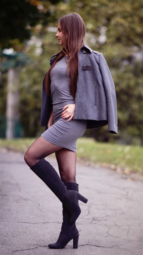 Tight Gray Dress Gray Coat Black Tights And Suede High Heeled Boots Fashion Tights