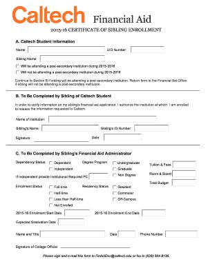 Fillable Online Finaid Caltech B B Certificate Of Sibling