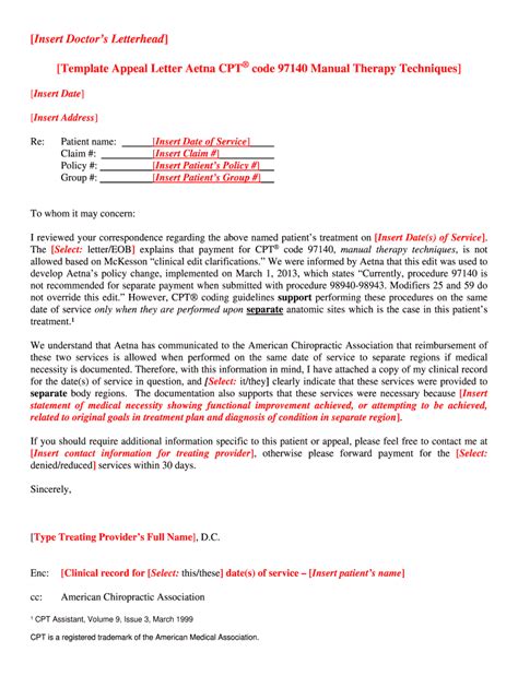 Fillable Online Template Appeal Letter Aetna Cpt Code 97140 Manual