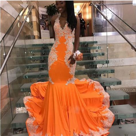 Ev112 Halter Orange Mermaid Prom Dresses With White Lace Appliques Open