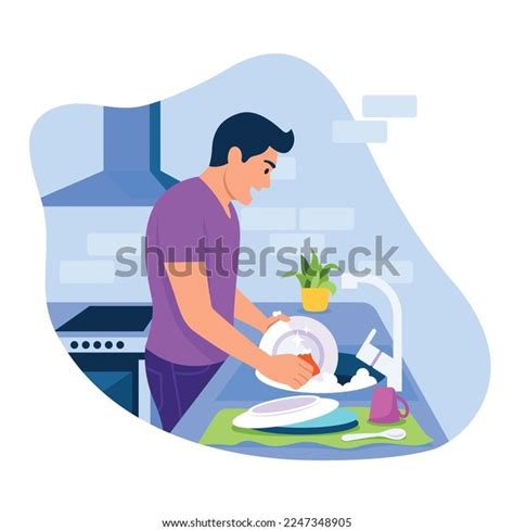 Vector Illustration Washing Dishes Cartoon Scene Stock Vector Royalty