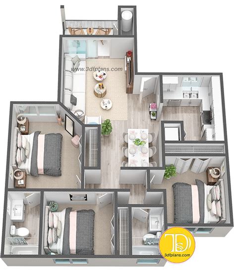 3d Apartment Floor Plans 3 Bedroom