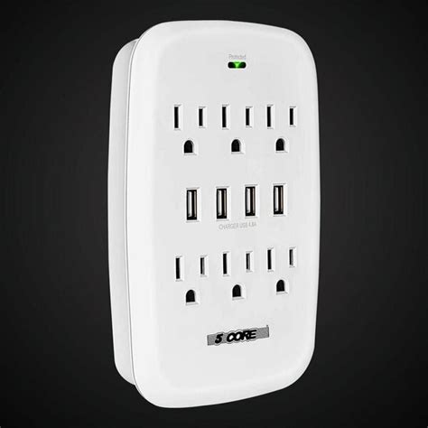 5 Core 6 Outlet Wall Plug Extender with 4 USB Ports (4.8A Total), Multi ...