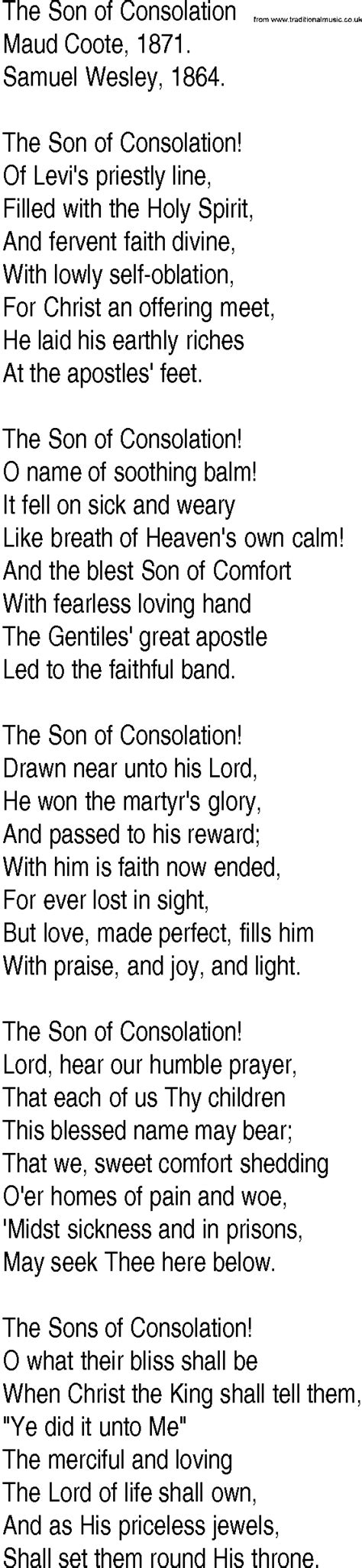 Hymn And Gospel Song Lyrics For The Son Of Consolation By Maud Coote