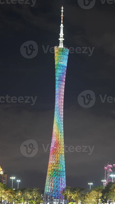 The beautiful sightseeing tower view with the colorful lights on at ...