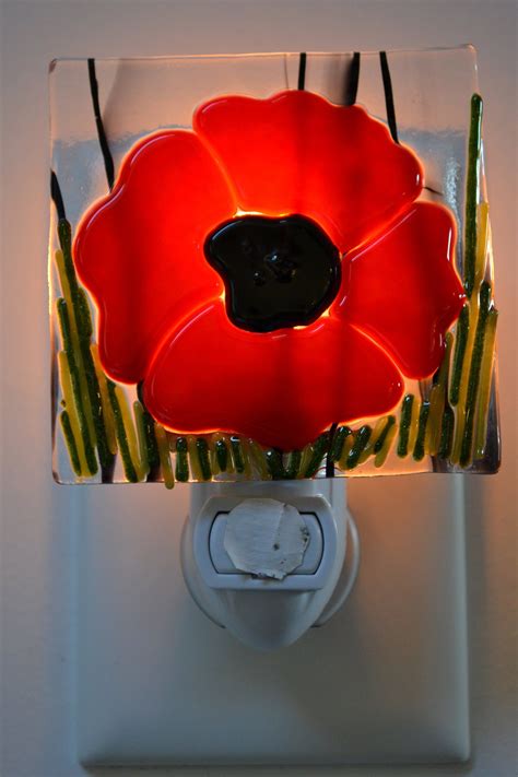 Red Poppy Fused Glass Night Light With Sensor Etsy Night Light Fused Glass White Night Lights