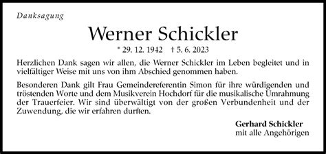 Traueranzeigen Von Werner Schickler Zeit Des Gedenkens De