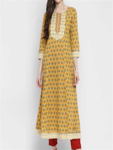 Buy Kalini Women Yellow Ethnic Motifs Printed Thread Work Kurta