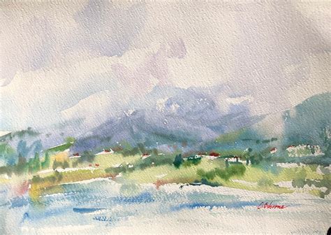 Original Landscape Painting Watercolour Of Lake And Misty Hills