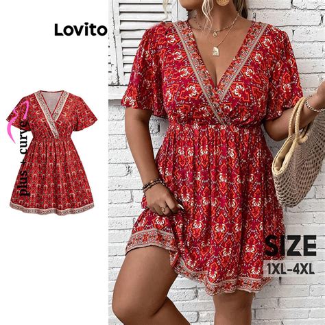 Lovito Vestido Feminino Plus Size Curve Boho Tribal Print Wrap Lbl