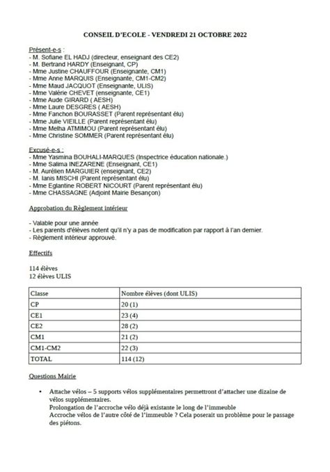 Compte Rendu Du Er Conseil D Cole Ecole L Mentaire Granvelle