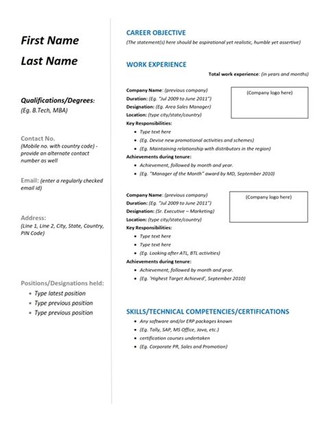 Format Of Resume With Work Experience