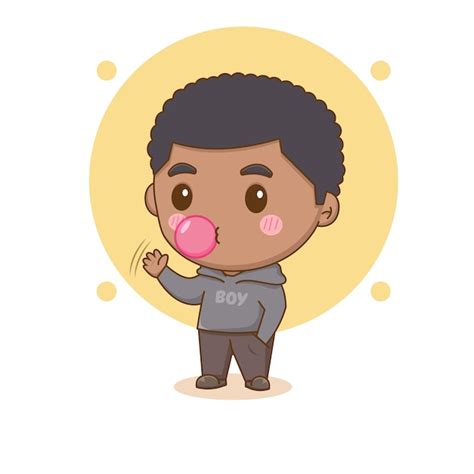 Lindo niño feliz haciendo estallar burbujas de chicle chibi personaje