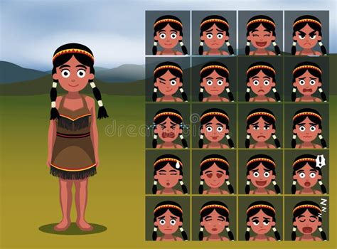 Native American Indian Girl Cartoon Emotion Faces Vector Illustration Stock Vector