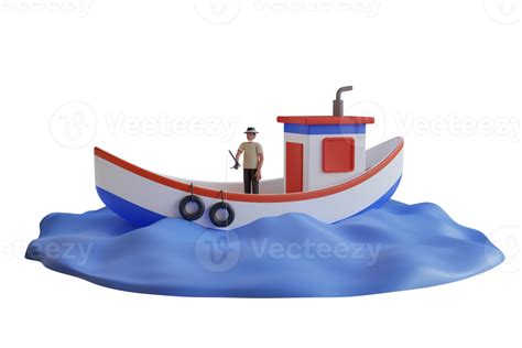 D Illustration Of Man Fishing On The Boat Fisherman In Small Boat