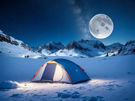 Premium Photo | A Serene Winter Night Camping Under the Full Moon in a Snowy Mountain Landscape