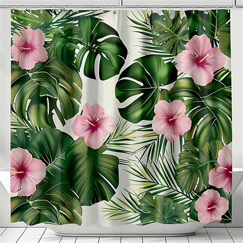 Tropical Rainforest Shower Curtain Pink Hibiscus Flower And Palm Tree Design Symmetrical Layout