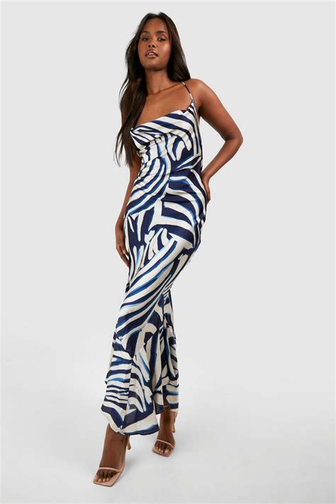 Zebra Cowl Back Asymmetric Maxi Dress Boohoo Uk