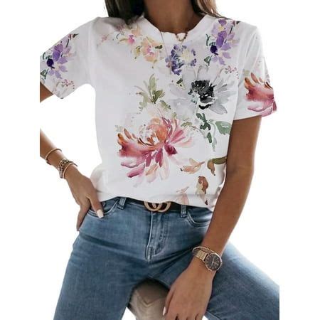 Lilylll Womens Casual Tops Short Sleeve Floral Print Pullover Blouse T