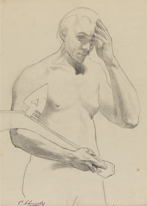 Christian Schussele Figure Study Male Nude Holding Tomahawk Mid