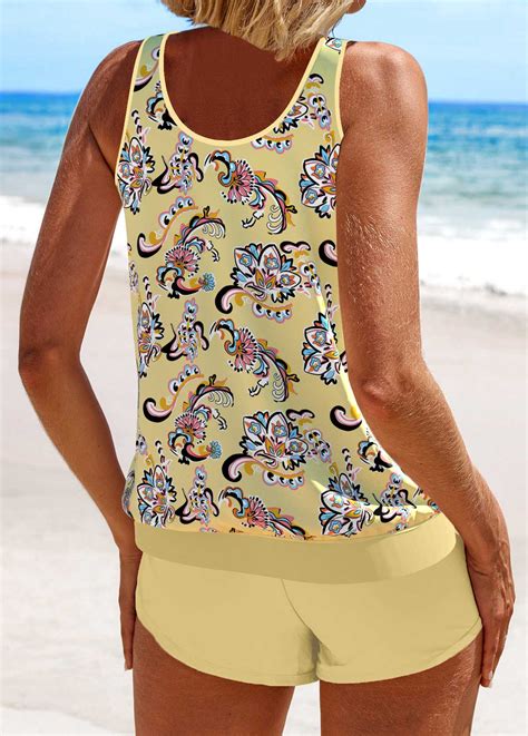 Plus Size Patchwork Light Yellow Tribal Print Tankini Set Modlily